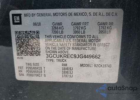 2018 Chevrolet Silverado 1500 2Lt из США, поврежденный, VIN 3GCUKREC9JG449662